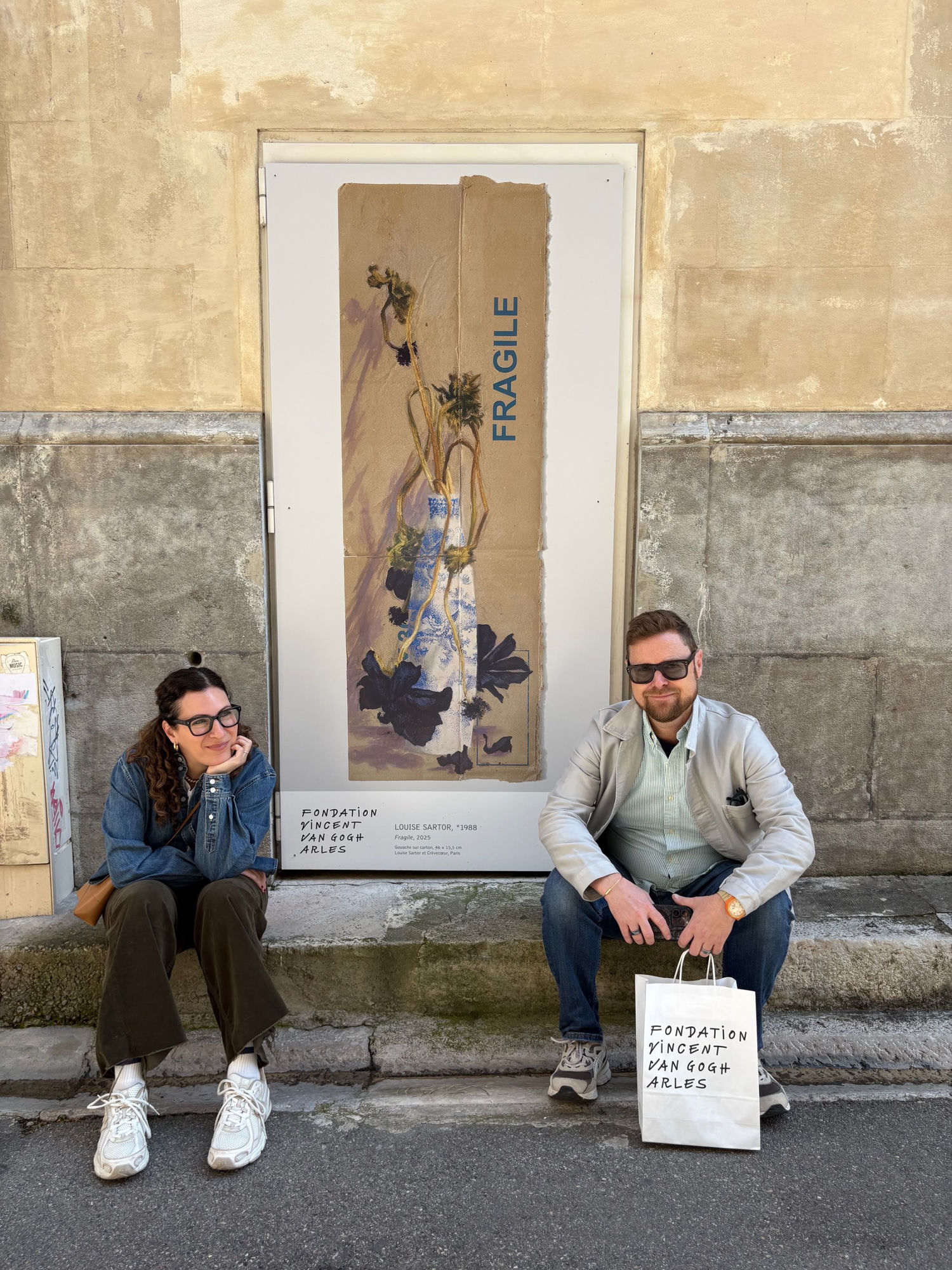 Jimmy Gardner and Shana Glickfield in front of Louise Sartor's Fragile at Fondation Vincent van Gogh Arles