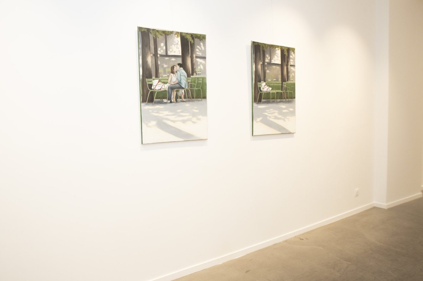Two paintings of green garden chairs under trees.