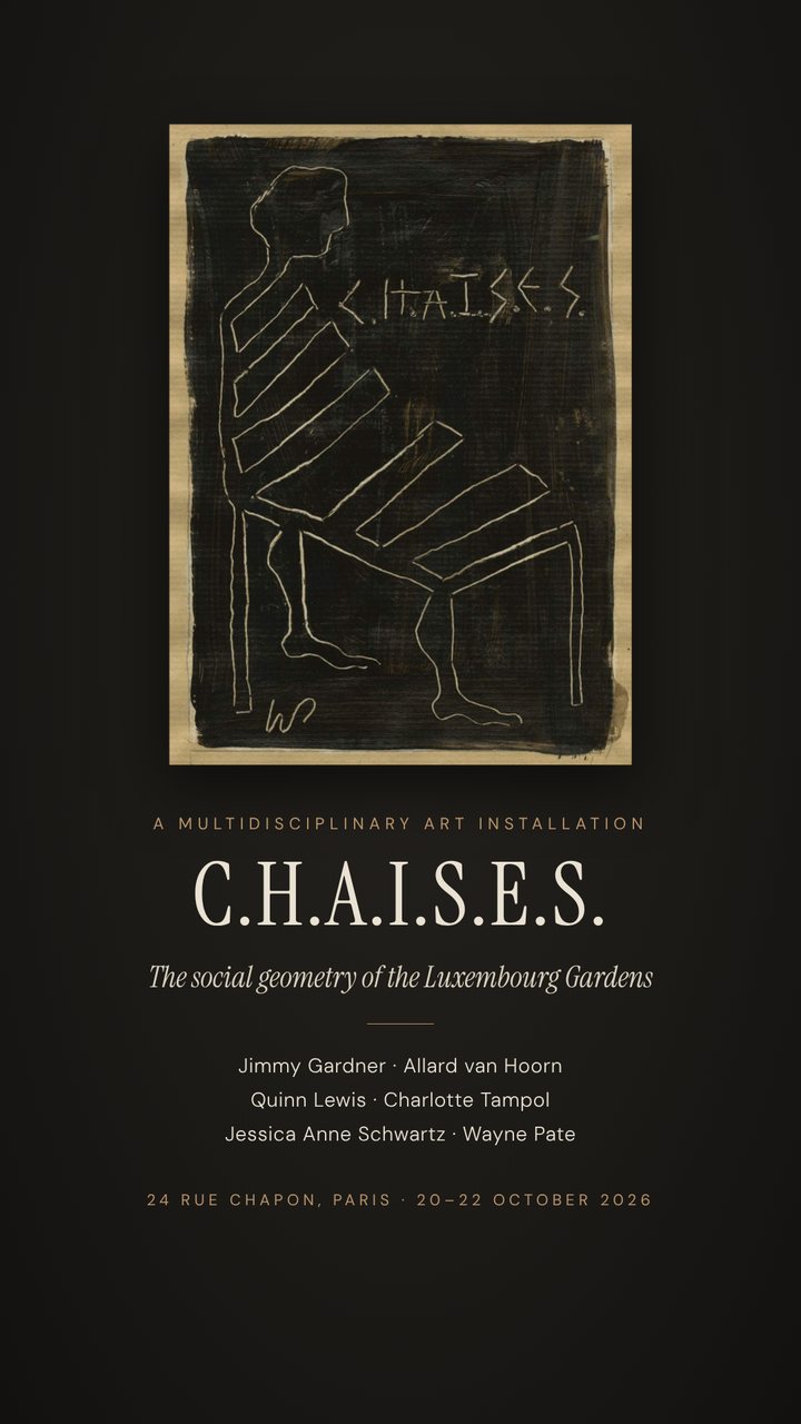 Title card: Wayne Pate&rsquo;s emblem above the words C.H.A.I.S.E.S., the social geometry of the Luxembourg Gardens.